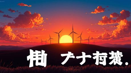 A captivating Isekai-style anime scene depicts a vibrant sunset behind a row of wind turbines perched atop a hill. The image 