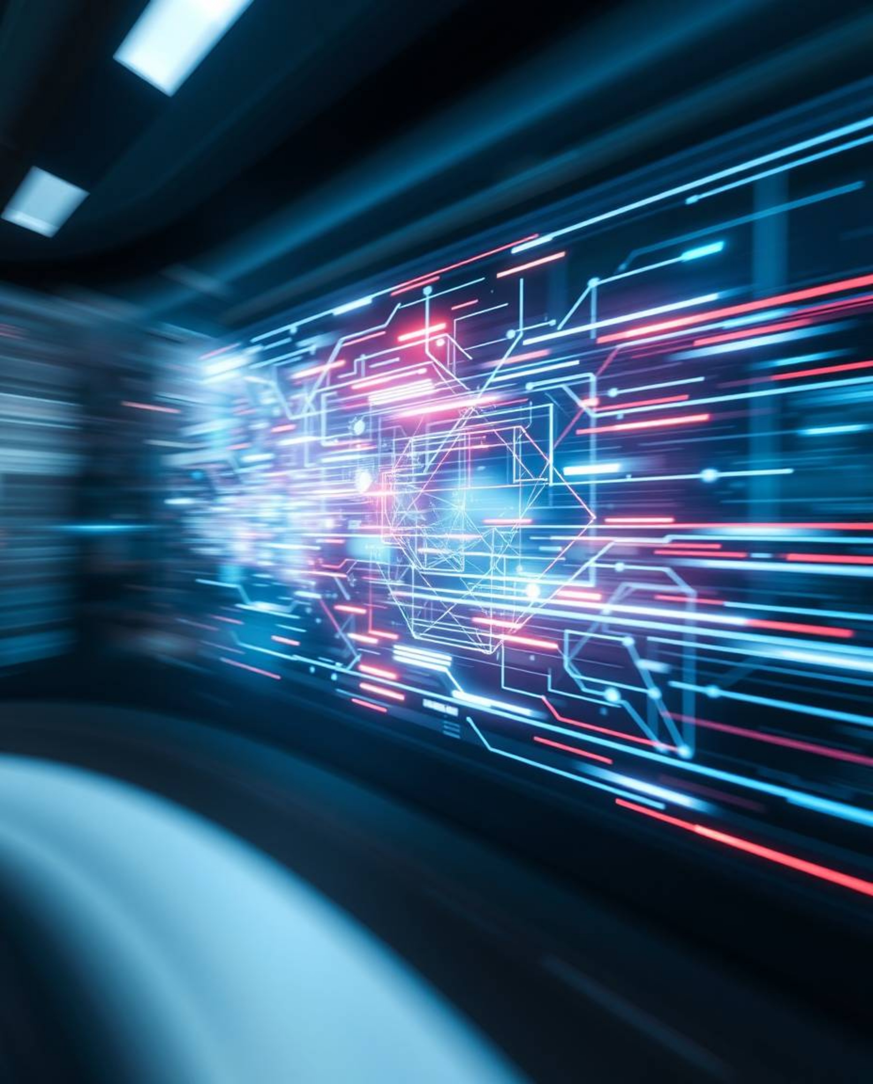 A dynamic motion blur depiction of a futuristic digital interface featuring geometric patterns and a holographic look. The sc