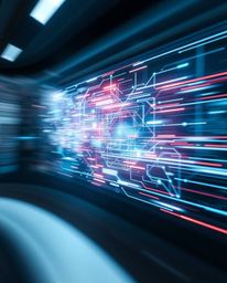 A dynamic motion blur depiction of a futuristic digital interface featuring geometric patterns and a holographic look. The sc