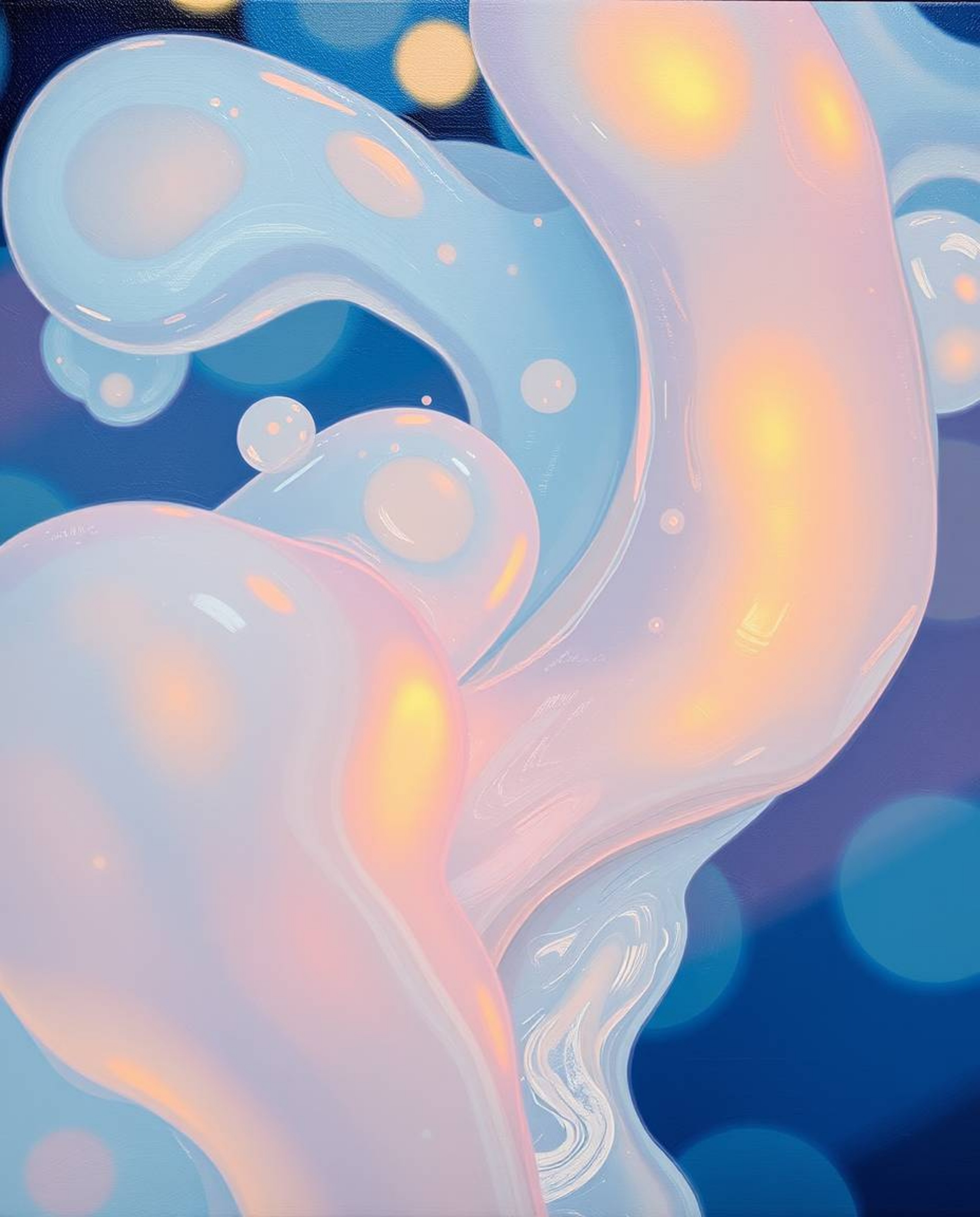 This mesmerizing close-up oil painting showcases glowing bioluminescent abstract liquid forms rendered in stunning 3D. The pa