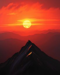 This is an oil on canvas painting depicting a warm sunset viewed from a high alpine peak, utilizing high contrast and low-key