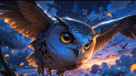 In a dreamy and enchanting scene, beautifully rendered in a blend of Pixar and anime styles, a wise blind owl teaches young b
