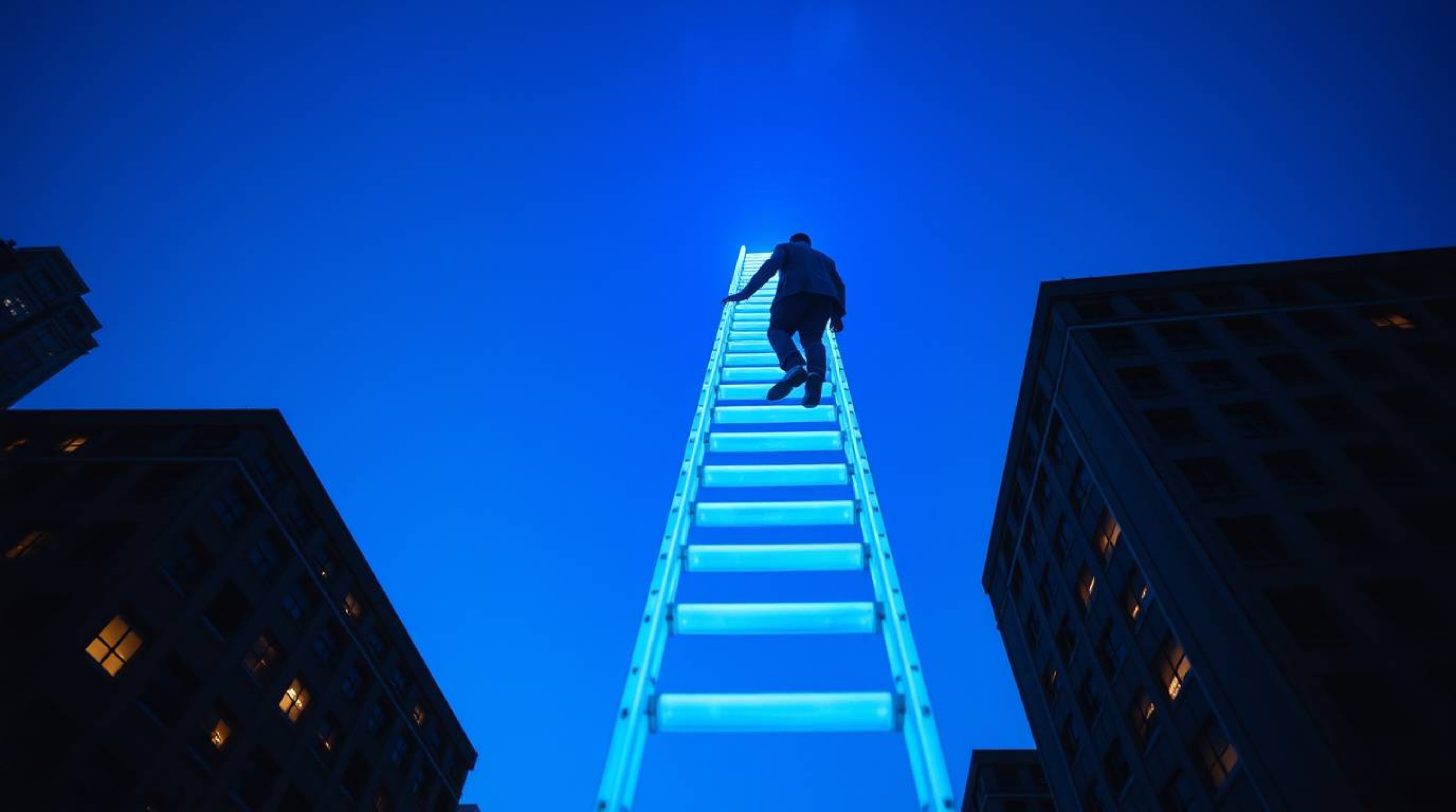 Explore the captivating world of bioluminescent street photography featuring a businessperson ascending a transparent ladder 