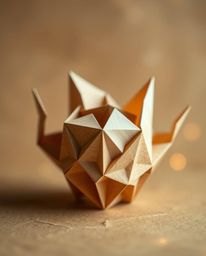 Glassy, fluid 3D shapes in motion, surrounded by glowing particles and characterized by intricate origami style, blurred boke