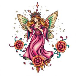 This vibrant tattoo art print showcases a fairy godmother emerging from a swirl of sparkles.  Rendered in a retro style with 