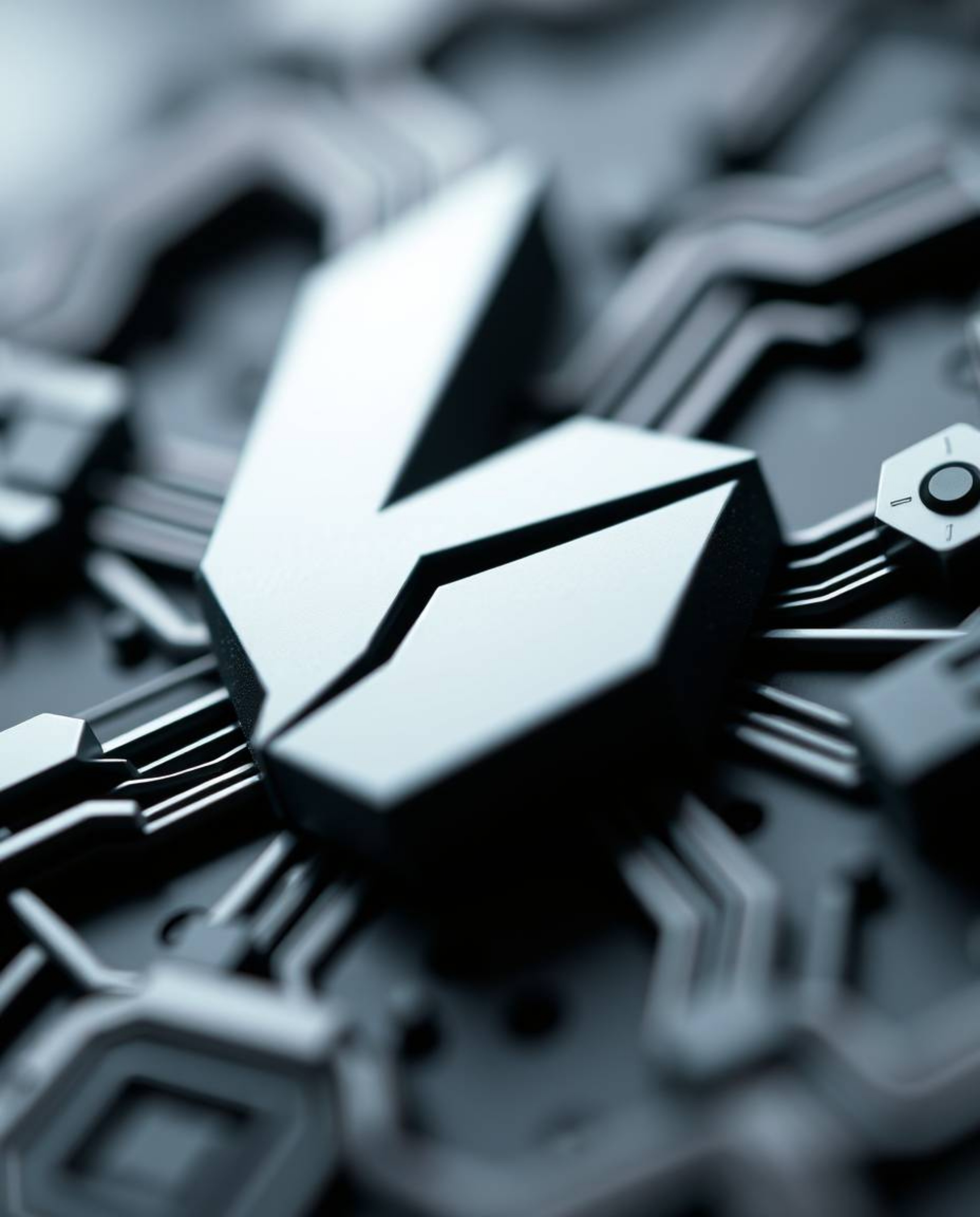 An extreme macro close-up captures a futuristic digital interface-inspired logo design. The logo features geometric shapes an