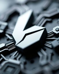 An extreme macro close-up captures a futuristic digital interface-inspired logo design. The logo features geometric shapes an