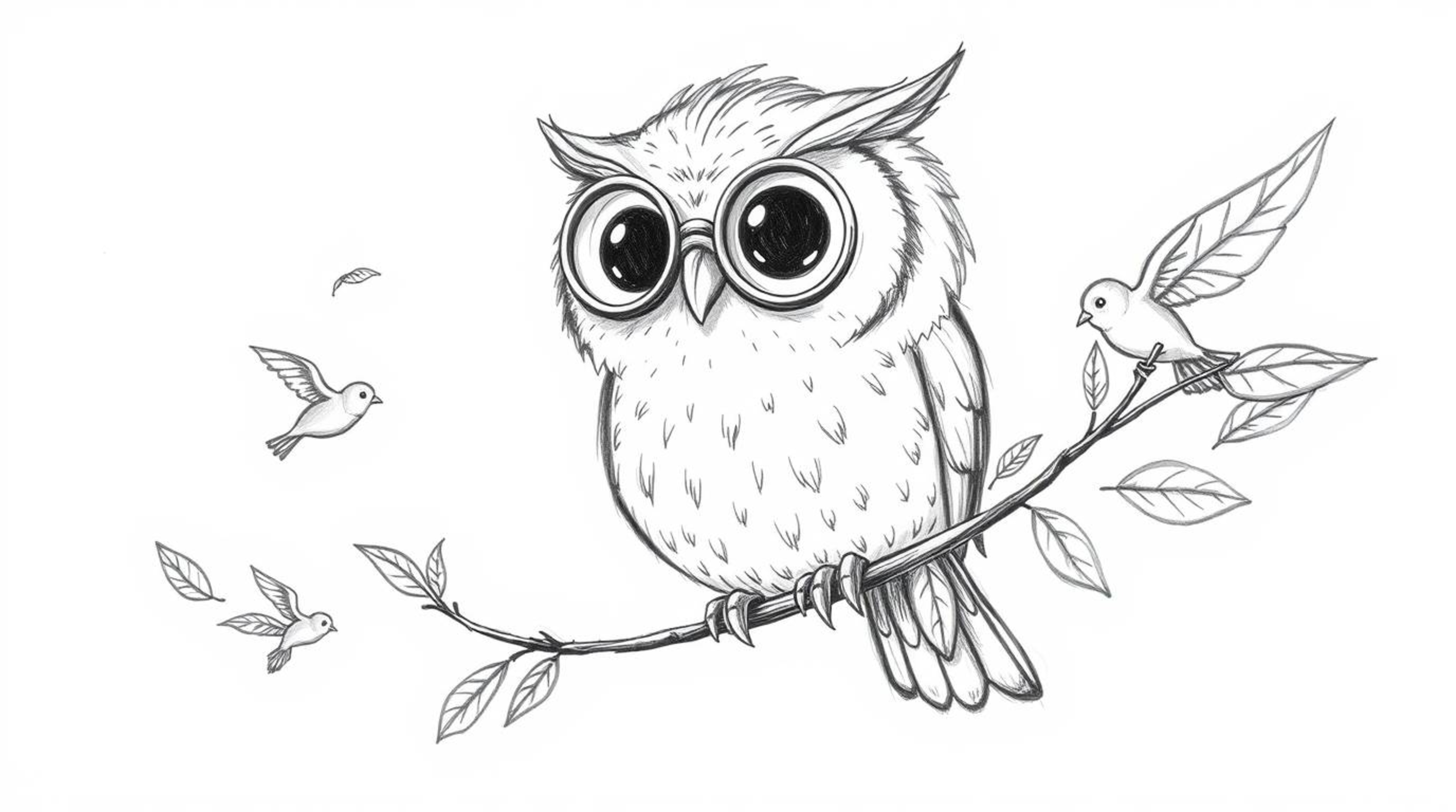 A heartwarming, hand-drawn pencil sketch in Pixar style depicting a wise, blind owl with large round spectacles.  Despite his
