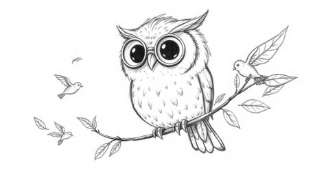 A heartwarming, hand-drawn pencil sketch in Pixar style depicting a wise, blind owl with large round spectacles.  Despite his