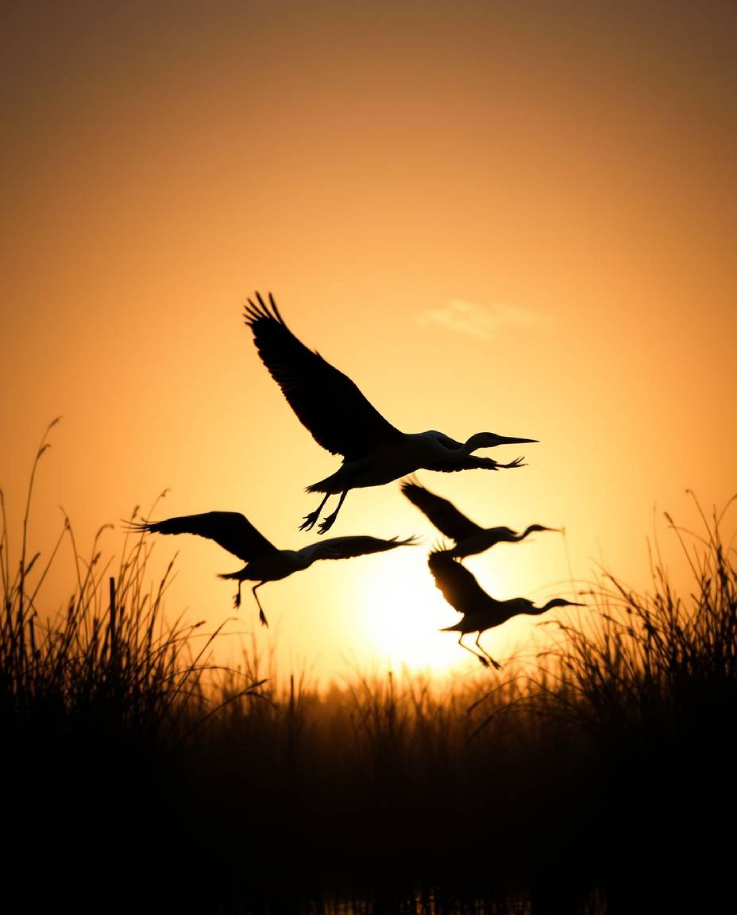 A high-angle perspective image of herons flying in a golden hour wetland scene. This striking piece is rendered in intense je
