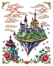 Discover a captivating tattoo design featuring a vibrant kingdom of floating islands and castles, rendered in a symbolic trad
