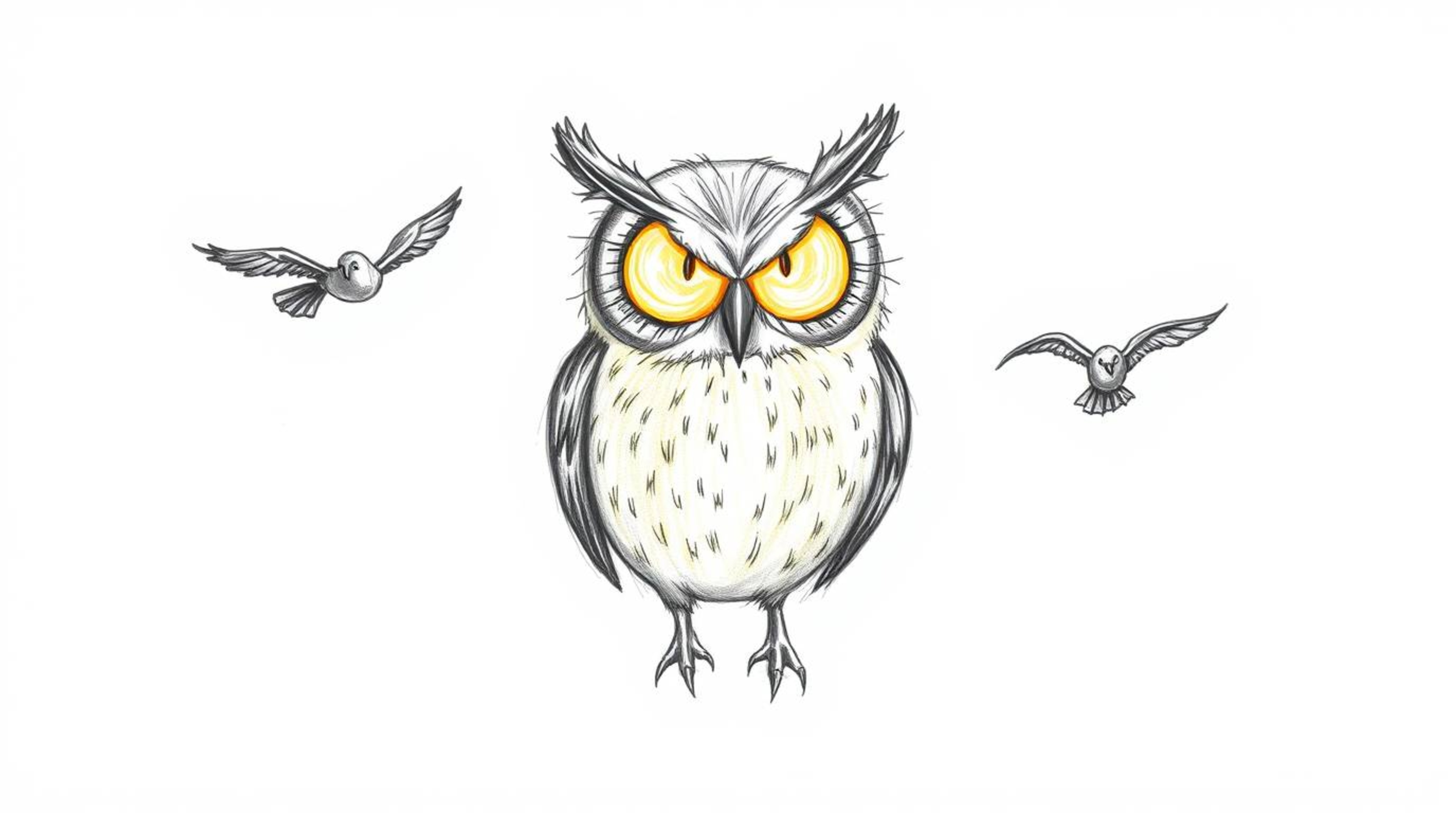 A charming hand-drawn sketch depicts a blind owl in a Pixar style, its sunlit feathers glowing warmly as it imparts the wisdo