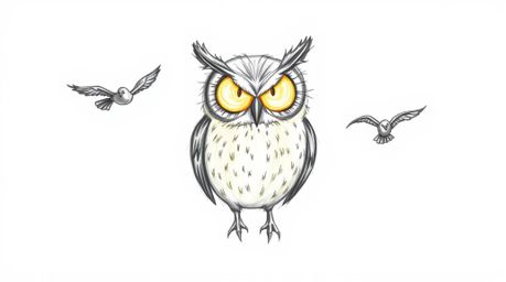 A charming hand-drawn sketch depicts a blind owl in a Pixar style, its sunlit feathers glowing warmly as it imparts the wisdo
