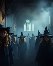 Immerse yourself in a world of dramatic cinematic style with soft, ethereal haze, where a magical school brimming with young 