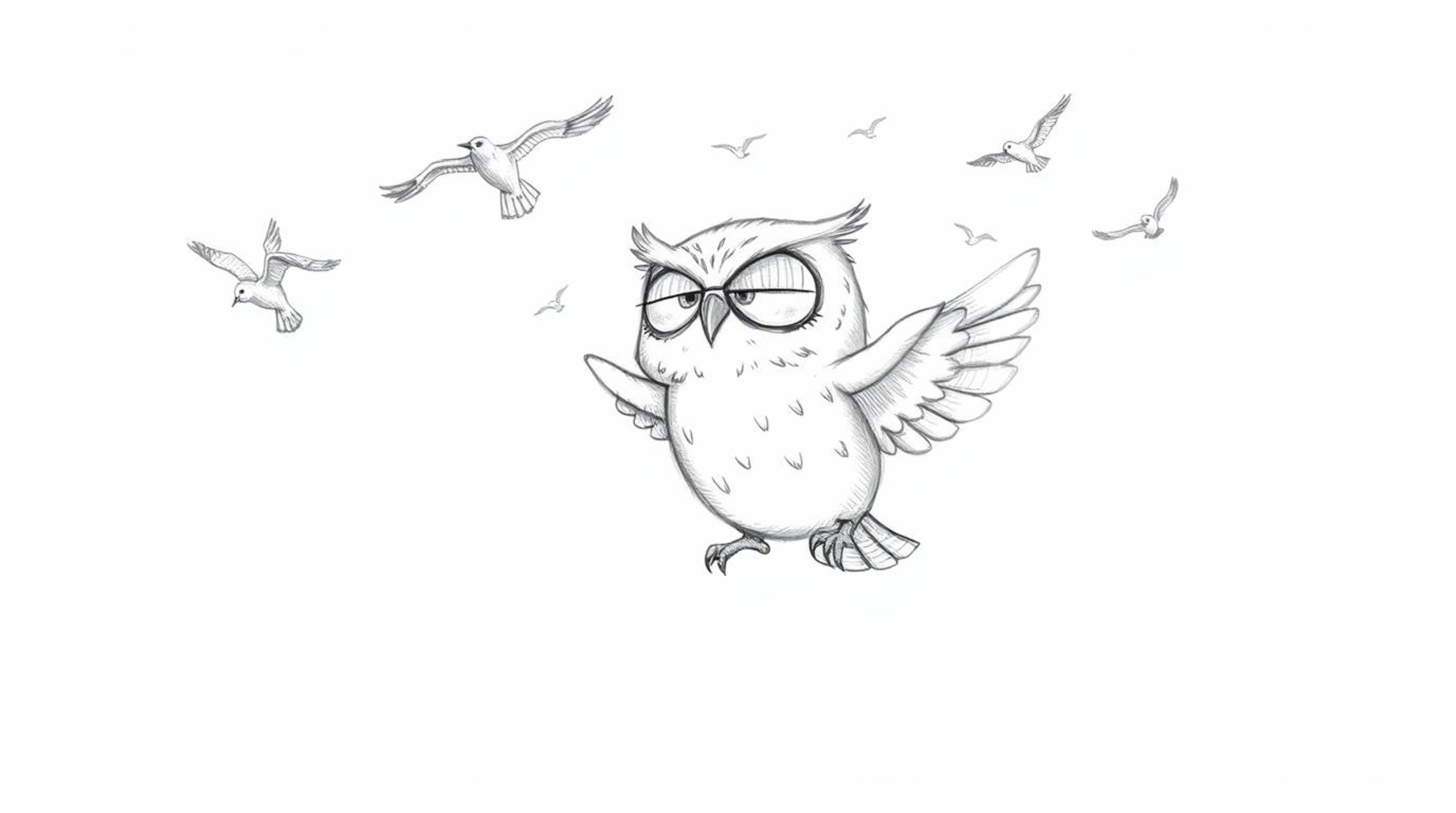 A charming hand-drawn sketch, rendered in a Pixar aesthetic, depicts a blind owl with soft, expressive features lovingly guid