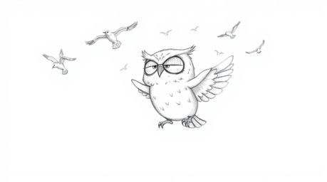 A charming hand-drawn sketch, rendered in a Pixar aesthetic, depicts a blind owl with soft, expressive features lovingly guid