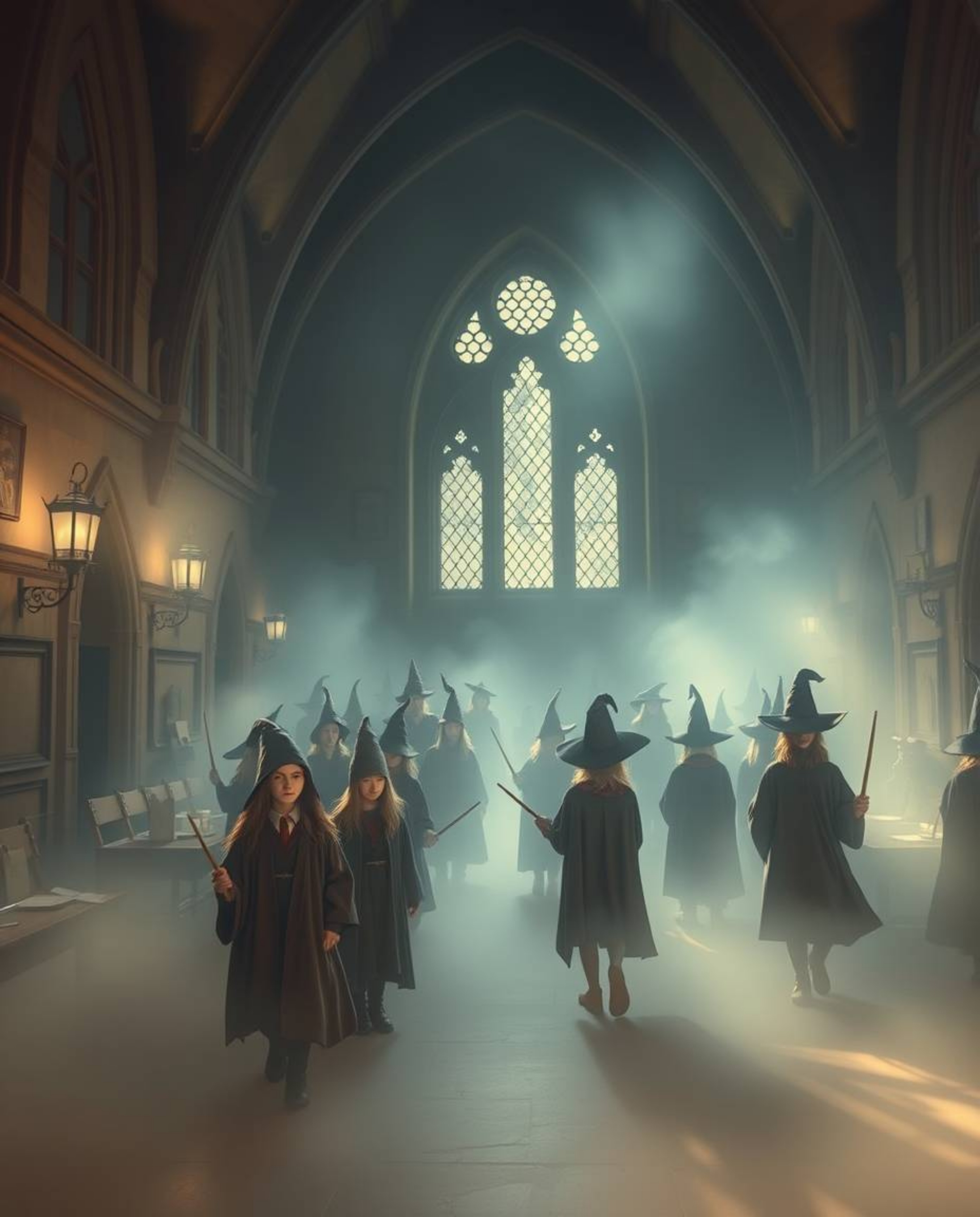 Explore a magical school brimming with young wizards, portrayed in a soft and dreamy atmosphere. This image features a smooth