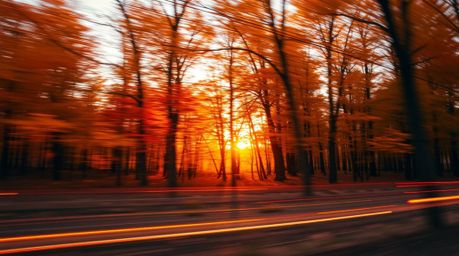 A captivating long-exposure photograph showcases a warm-toned autumn forest at sunset.  Golden leaves ablaze with reds, orang