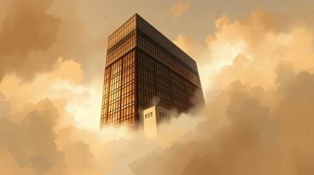 A painterly digital sketch in earth tones captures a modern glass building dissolving into a misty sky, evoking themes of amb
