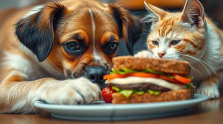 An extreme macro close-up captures a chaotic scene of a dog and a cat fiercely battling over a colossal sandwich. The image i