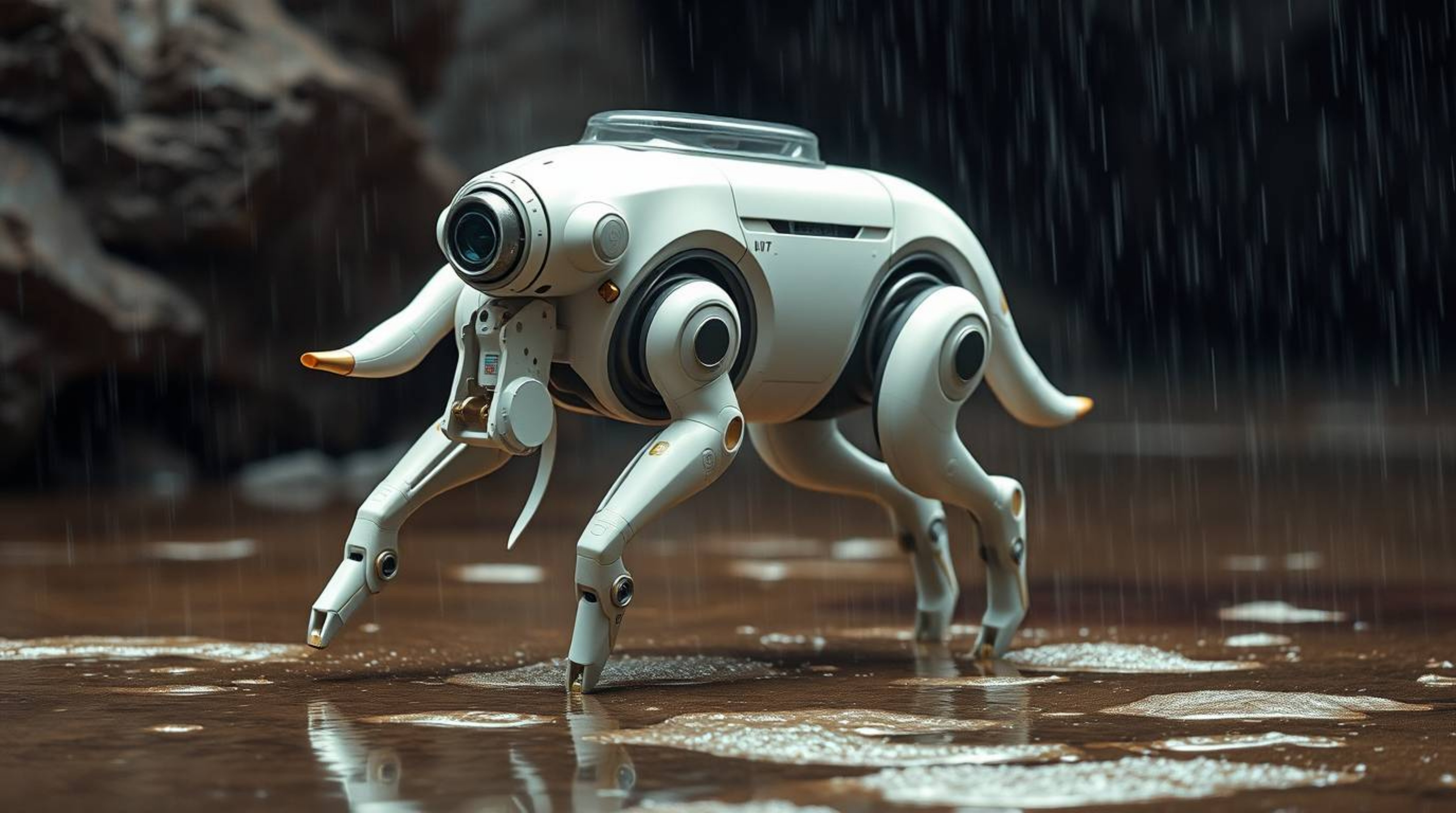 Imagine a futuristic dog, gracefully self-walking in the vastness of space amidst a wet, rainy scene. The artwork evokes a se