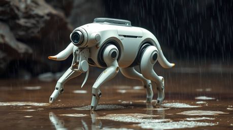 Imagine a futuristic dog, gracefully self-walking in the vastness of space amidst a wet, rainy scene. The artwork evokes a se