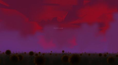 A captivating digital sketch depicting a sunflower field bathed under a deep red and purple sky, rendered in loose, painterly