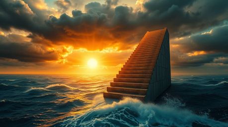 A dramatic ocean staircase ascends to a stormy sky, illuminated by a vibrant sunburst, creating an epic and symbolic scene. T