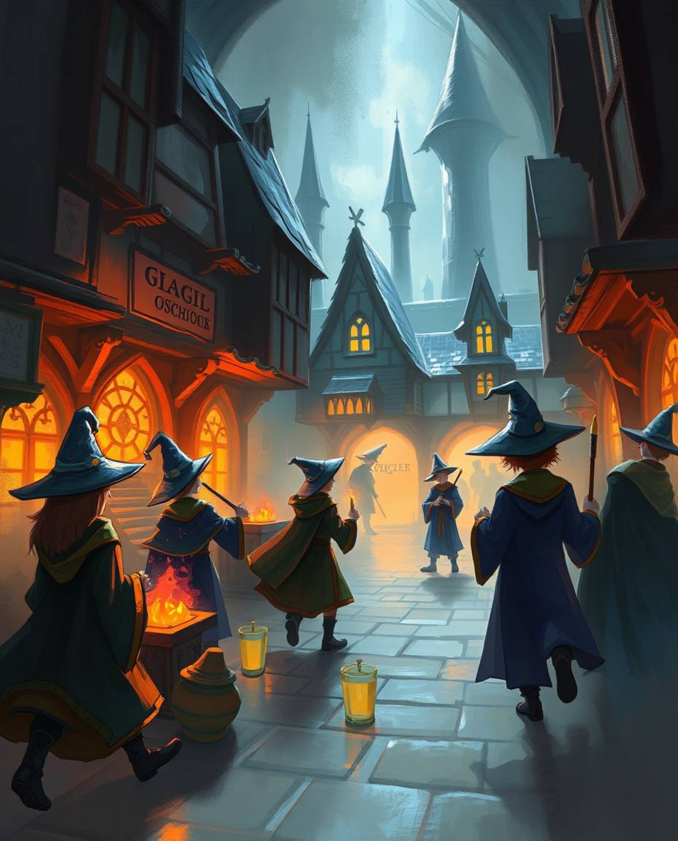 A dynamic digital sketch portrays a magical school brimming with young wizards.  Loose, painterly brushstrokes conjure a mist