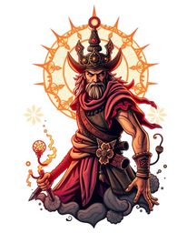 A vibrant and intense tattoo art print depicting a brave hero in a Disney-style desert adventure.  The design features dramat