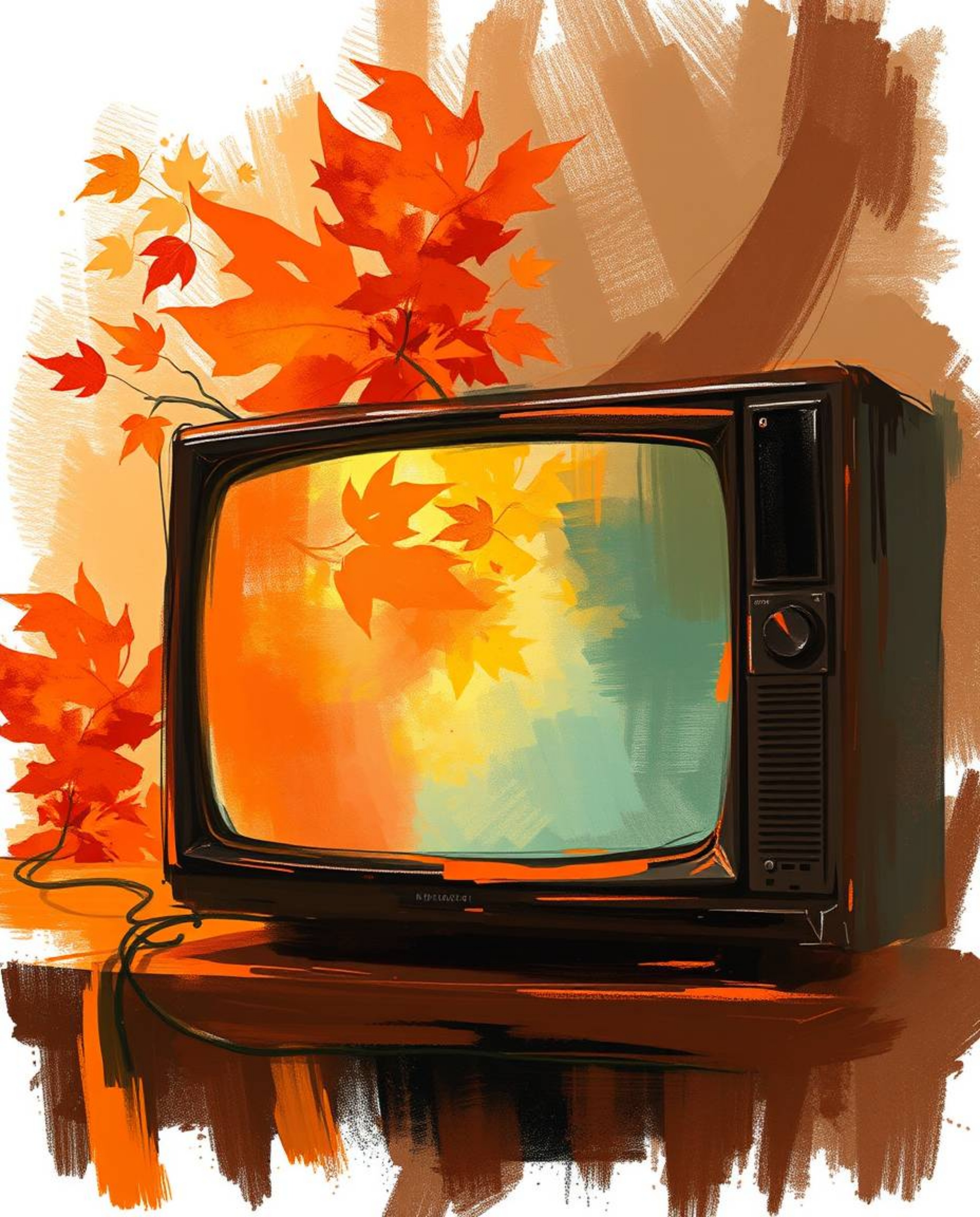 A captivating digital painting showcases a dynamic TV screen glitch rendered in warm autumnal hues. Loose painterly strokes c