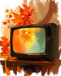 A captivating digital painting showcases a dynamic TV screen glitch rendered in warm autumnal hues. Loose painterly strokes c