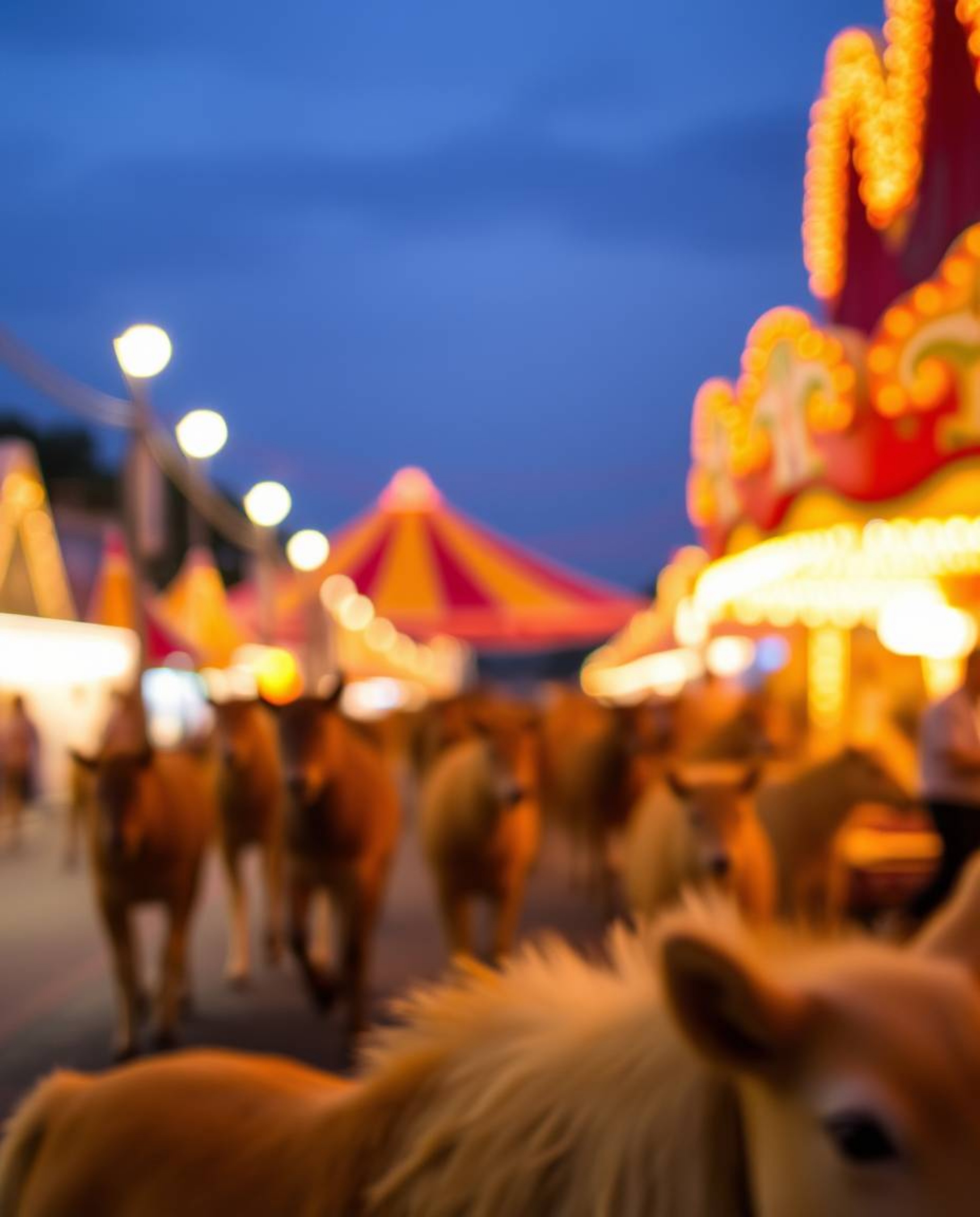 Experience the vibrant chaos of a carnival overrun by wild animals, captured with a warm, blurred bokeh effect.  The image fe