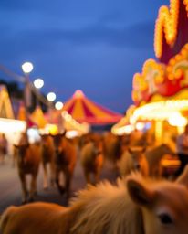 Experience the vibrant chaos of a carnival overrun by wild animals, captured with a warm, blurred bokeh effect.  The image fe