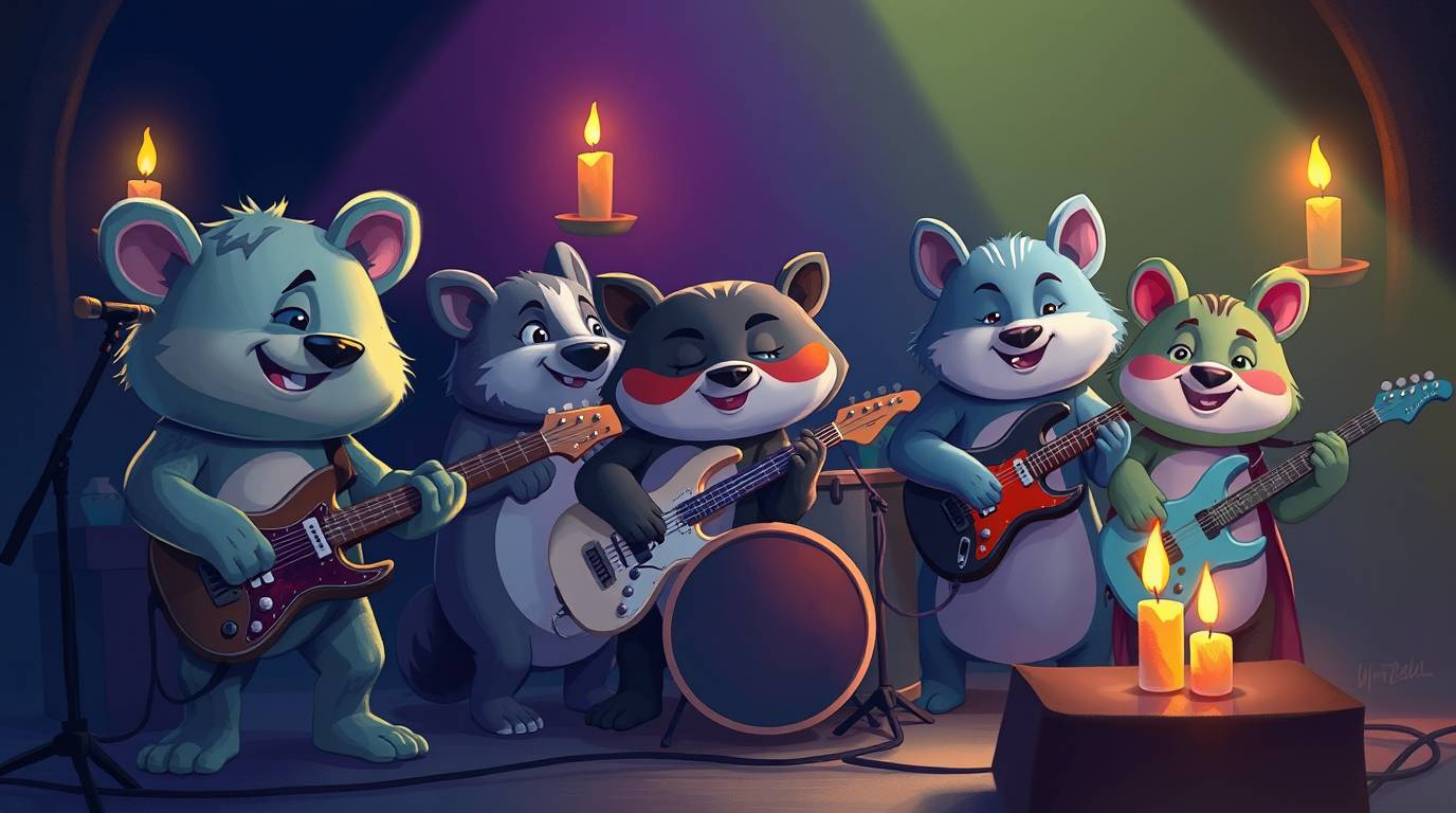 A vibrant digital painting showcases a cartoon animal band rocking out!  The scene is awash in cool blues, greens, and purple