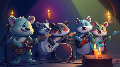 A vibrant digital painting showcases a cartoon animal band rocking out!  The scene is awash in cool blues, greens, and purple