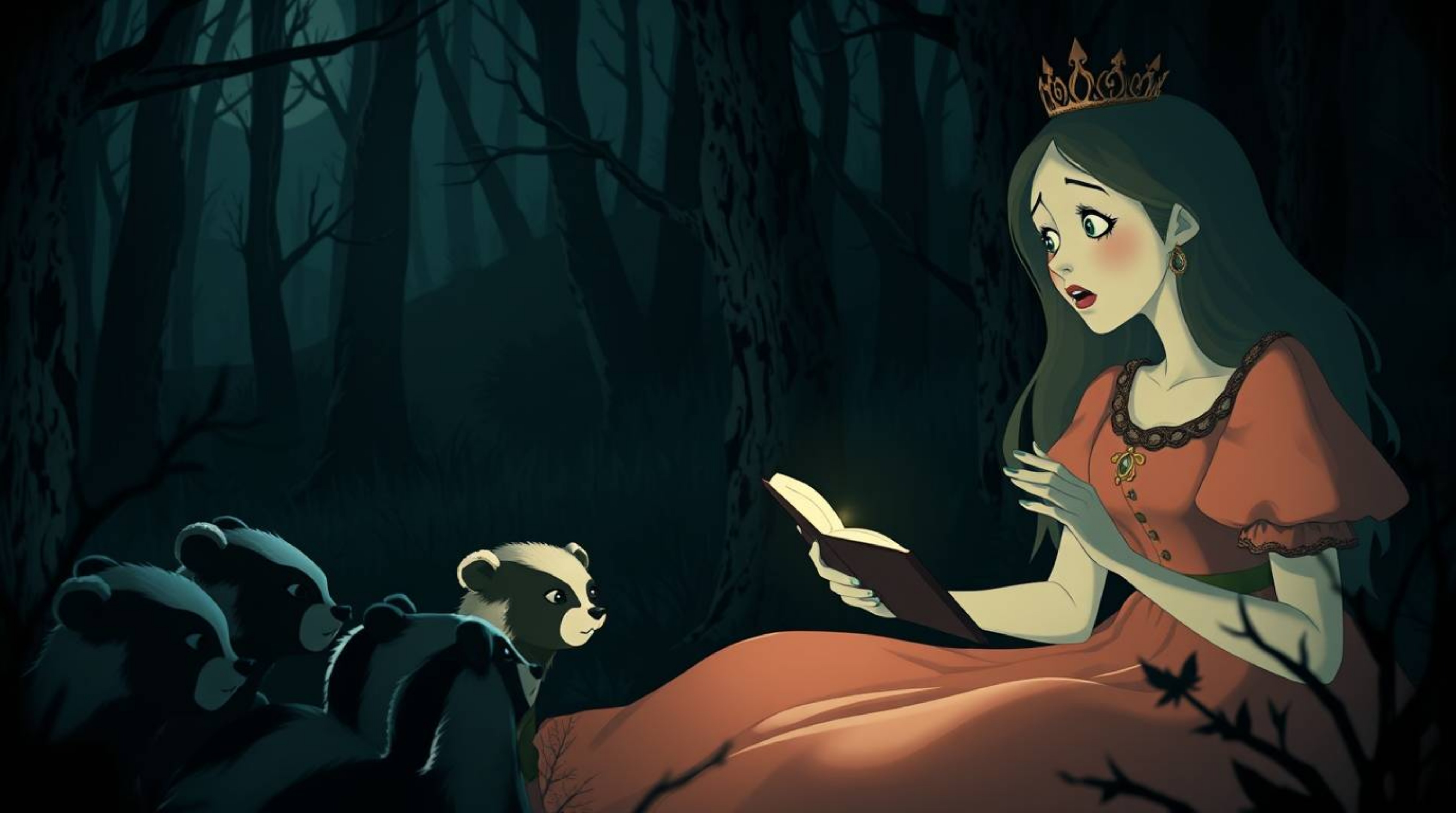 A pale-skinned princess with dark eyes sings to a family of badgers in a dimly lit forest, rendered in a vintage 2D animation