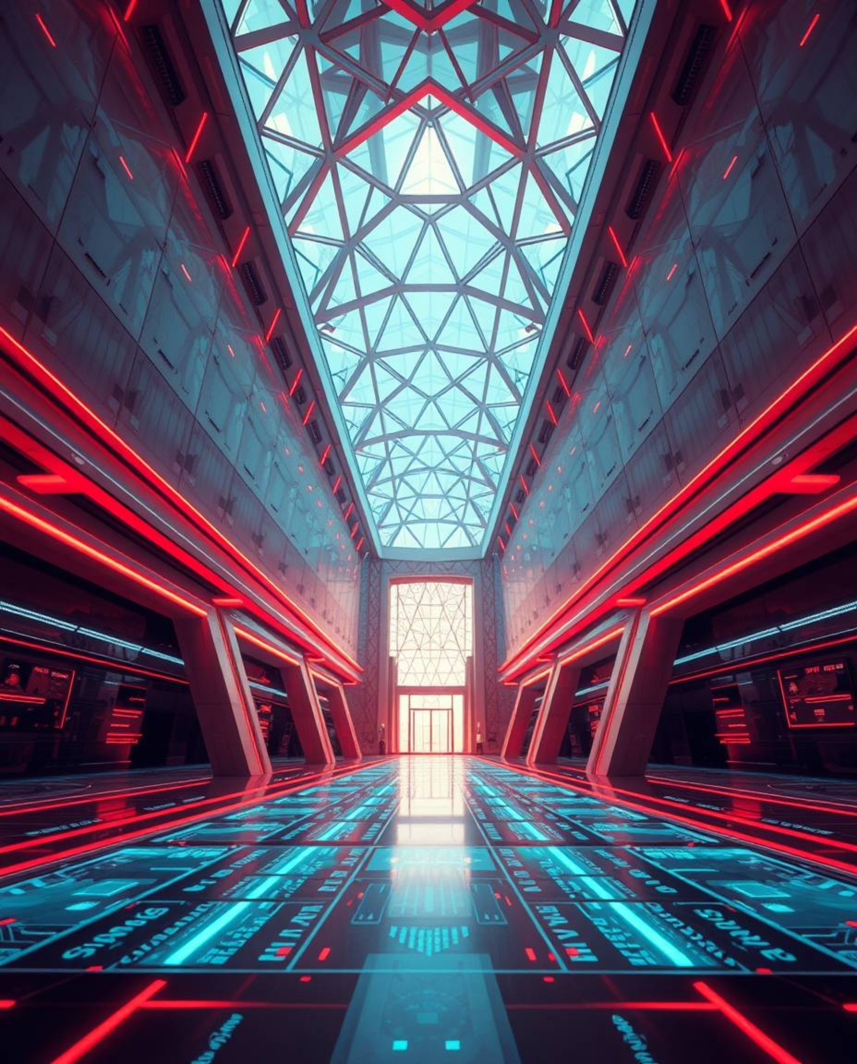 Captivating architectural color photograph showcases a futuristic digital interface with intricate geometric patterns and a s