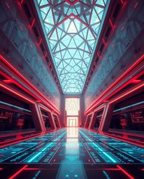 Captivating architectural color photograph showcases a futuristic digital interface with intricate geometric patterns and a s