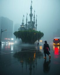 Immerse yourself in a dynamic wet rainy scene featuring a surreal floating island adorned with strange architecture. Drizzlin