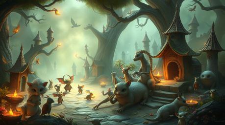 Enter a whimsical fantasy kingdom brimming with quirky magical creatures, bathed in gentle, soft light. Diffused shadows and 