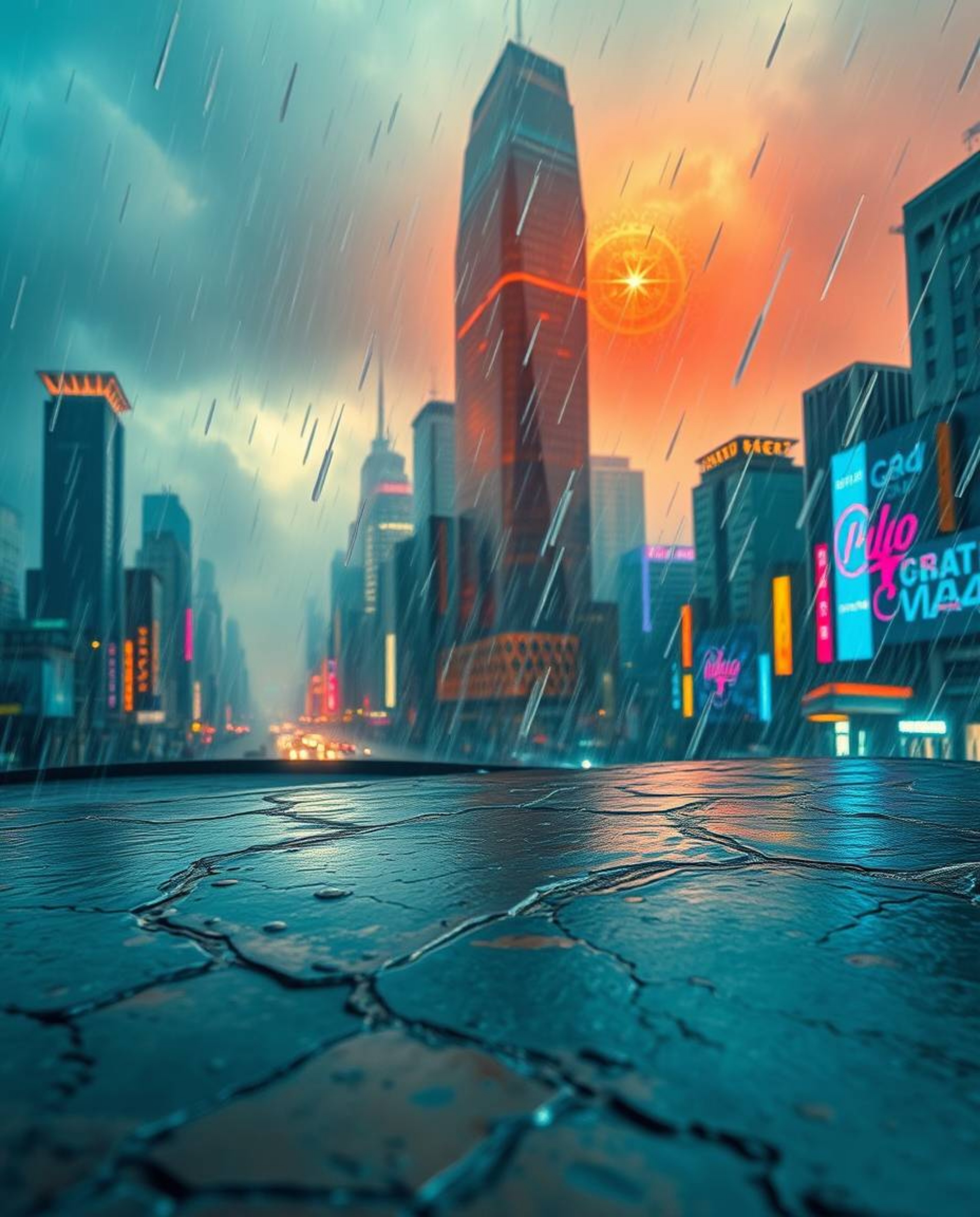 This cast bronze art piece features an antique patina finish and depicts a dramatic weather scene in a futuristic cyberpunk c