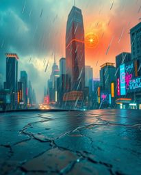 This cast bronze art piece features an antique patina finish and depicts a dramatic weather scene in a futuristic cyberpunk c
