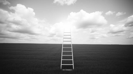 Explore a minimalist scene featuring a silver ladder in an open field beneath a cloudy sky, evoking an ethereal and spiritual