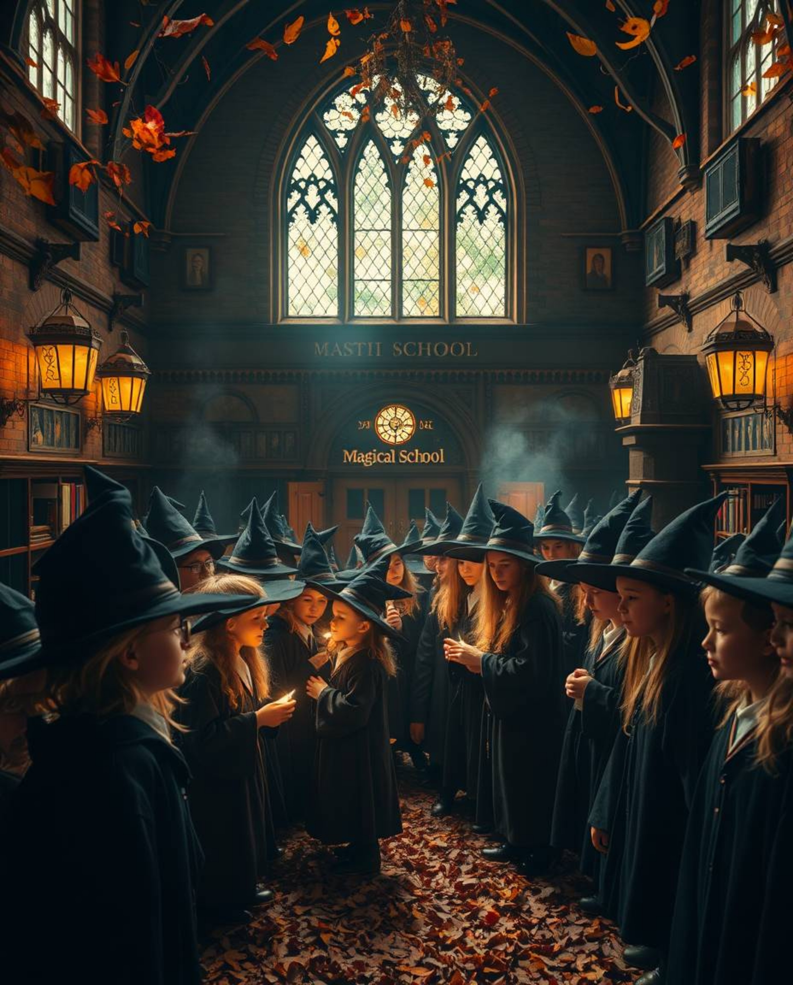 Immerse yourself in a cinematic vision of a magical school teeming with young wizards, bathed in the warm hues of autumn. Thi