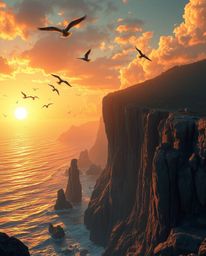This is an epic and amazing modern future scene depicting a sunset over a coastal cliff with soaring birds. The composition i