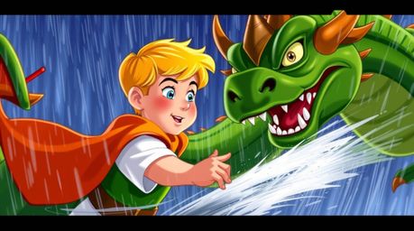 A captivating scene depicting a charming prince with rosy cheeks and blonde hair battling a fierce green dragon in a pouring