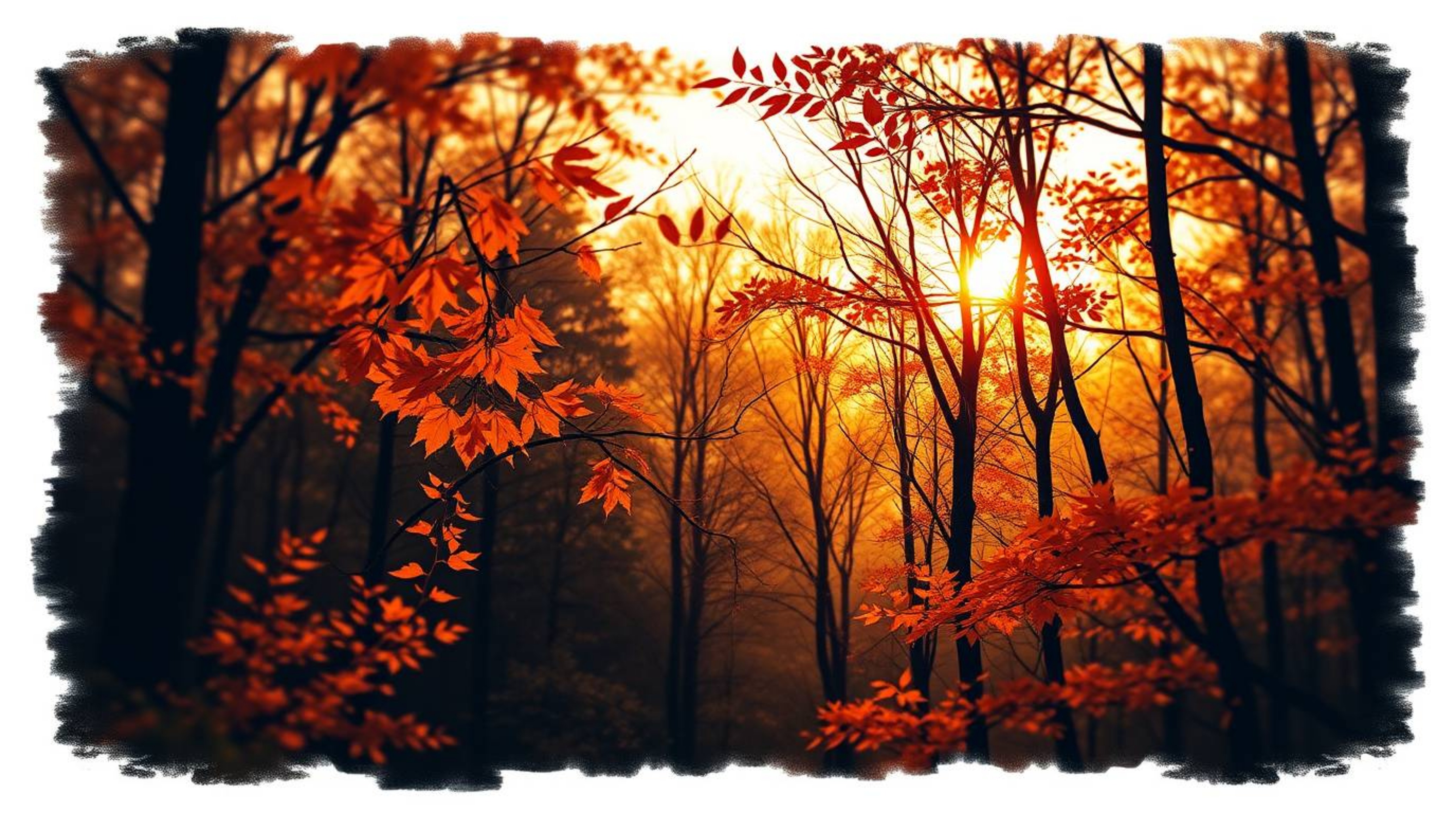This captivating tattoo art print showcases a strong and moody depiction of an autumn forest bathed in the warm glow of a sun