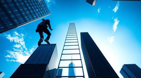 An abstract concept visualized as a businessperson climbing a transparent ladder that vanishes into the blue sky above skyscr