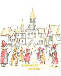 A warm, hand-drawn sketch depicts a magical school brimming with young wizards, characterized by rough lines and textured pen
